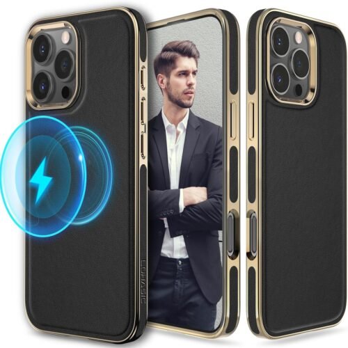 LOHASIC for iPhone 16 Pro Case Leather. Luxury Vegan Leather Strong Magnetic Classic Protective Phone Cover Compatible with MagSafe 6.3 inch 2024 New. Black Gold